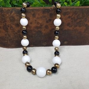 Vintage Plastic Bead Necklace Black White & Gold